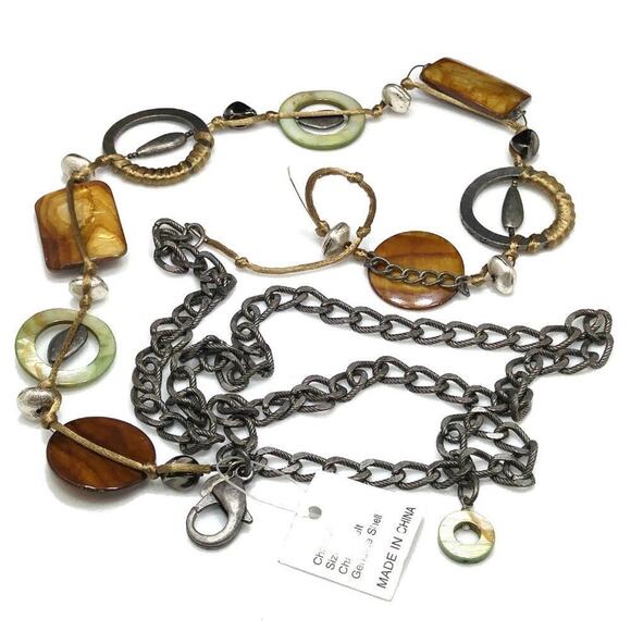 Chico’s Shell Chain Belt NWT 56" Brown Green Metal Loops Versatile Necklace - Picture 2 of 3